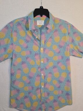 Departwest Tropical Pineapple Button-Up Shirt - Aqua, Yellow, Pink Size Medium